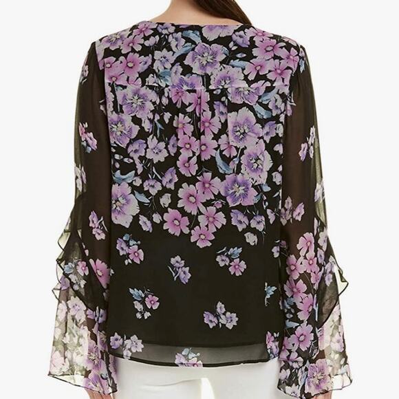 Nanette Lepore Zen Silk Floral Blouse Womens Size S Purple Black Bell Sleeve - Picture 10 of 16